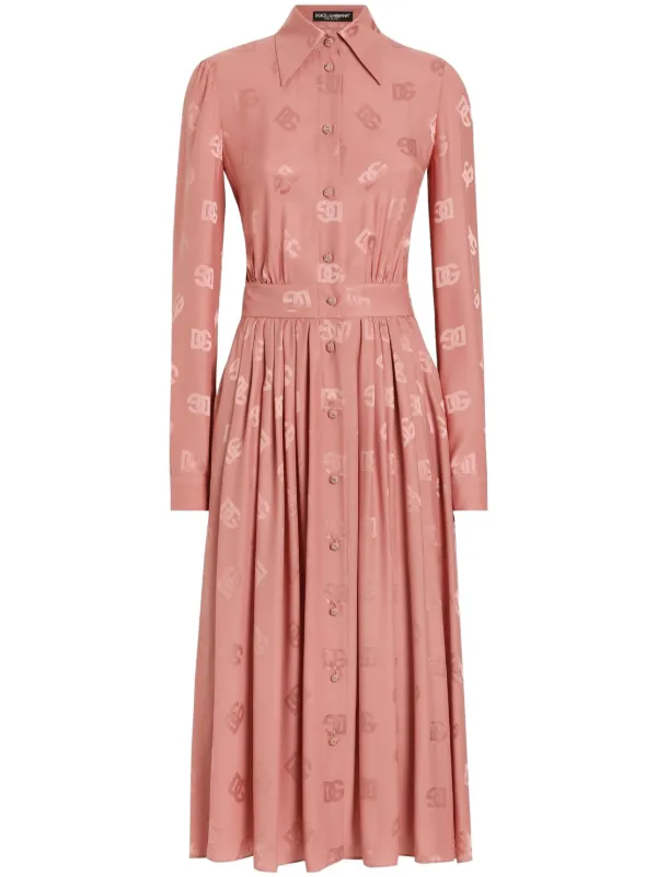 Dolce & Gabbana Silk Satin Jacquard Shirt Dress with DG Logo - Pink