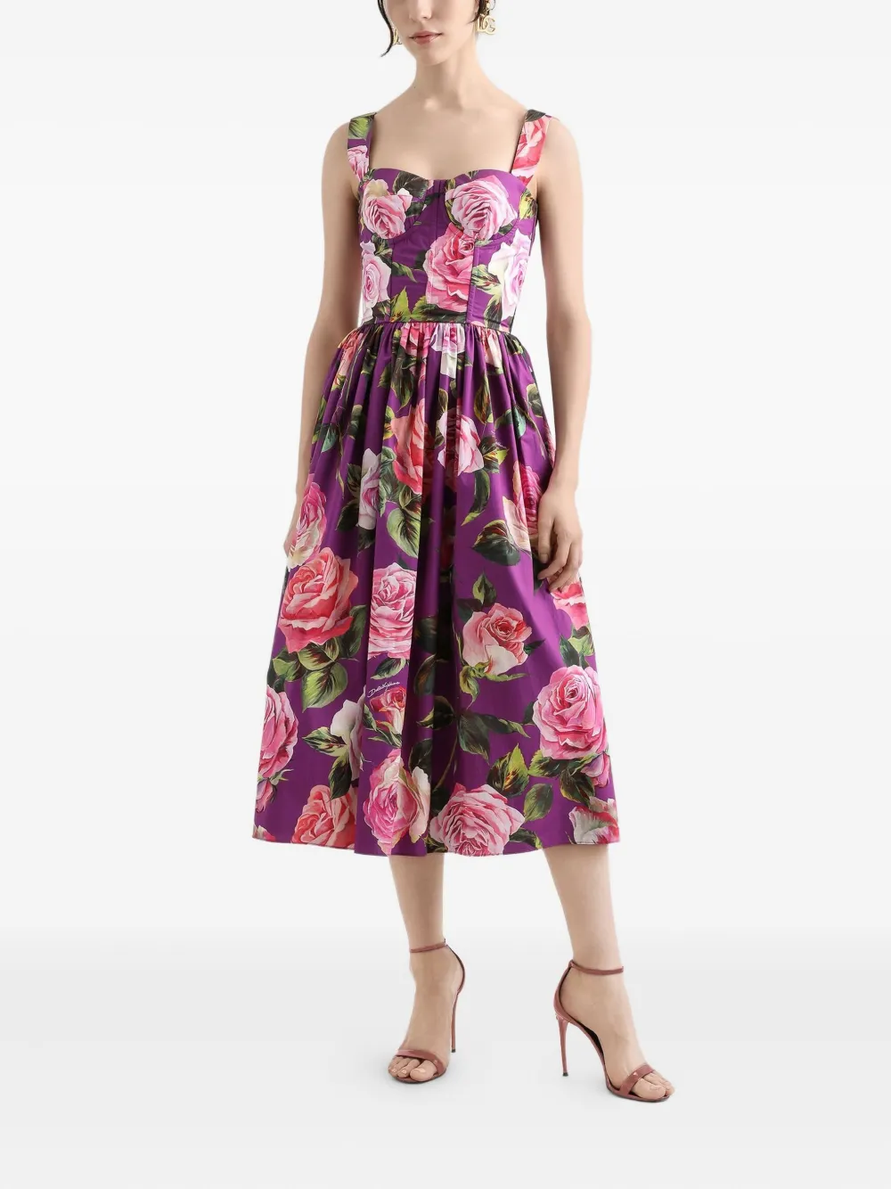 Dolce & Gabbana Rose-print Midi Dress In Multi
