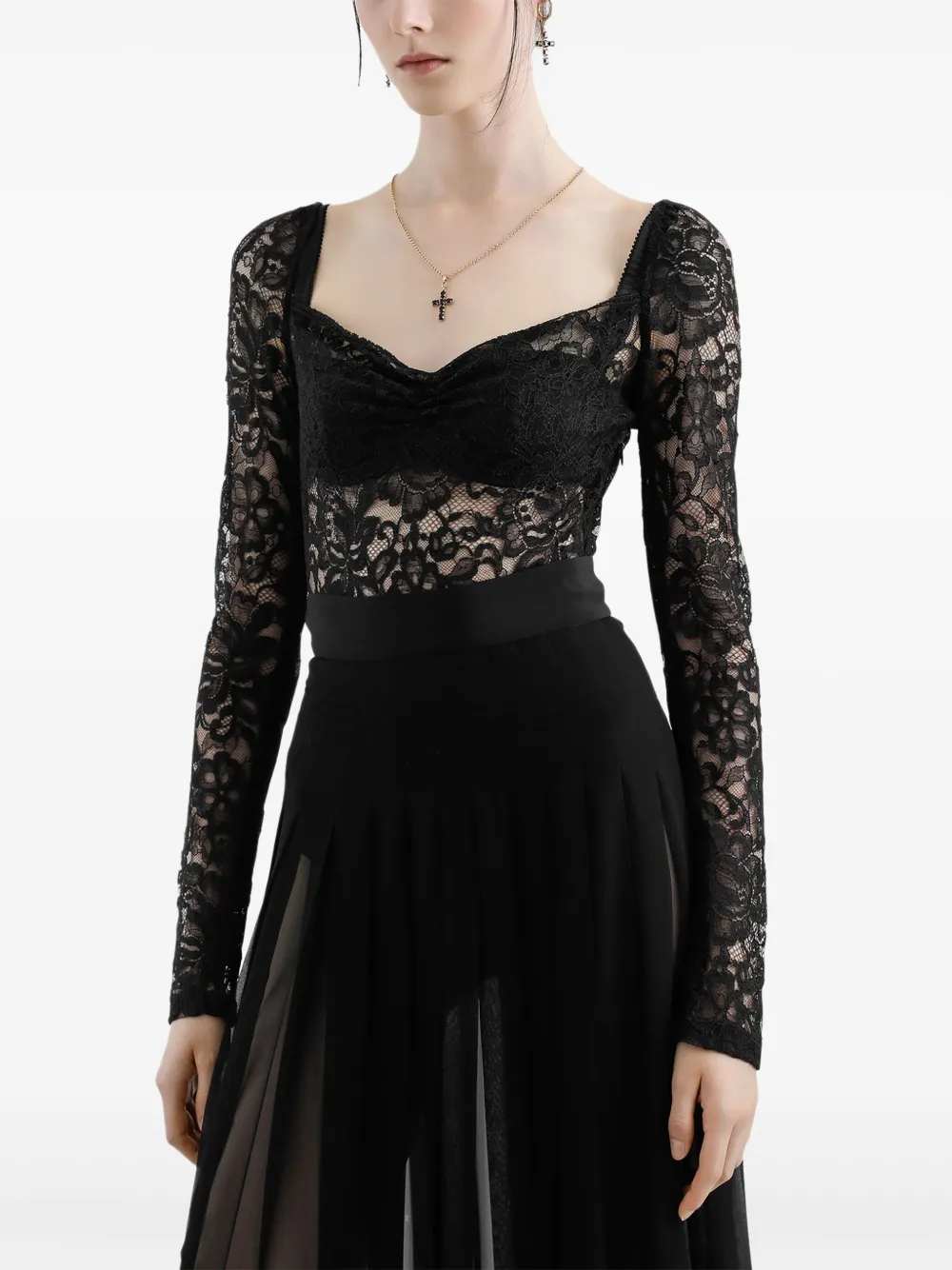 Dolce & Gabbana Top met sweetheart hals en bloemenkant Zwart