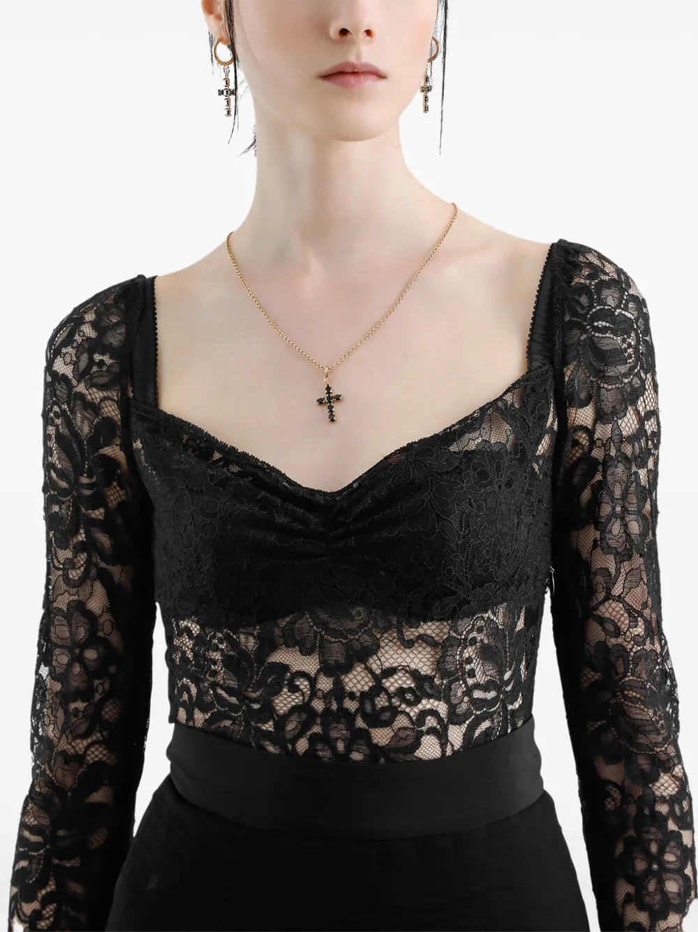 Dolce & Gabbana Top met sweetheart hals en bloemenkant Zwart