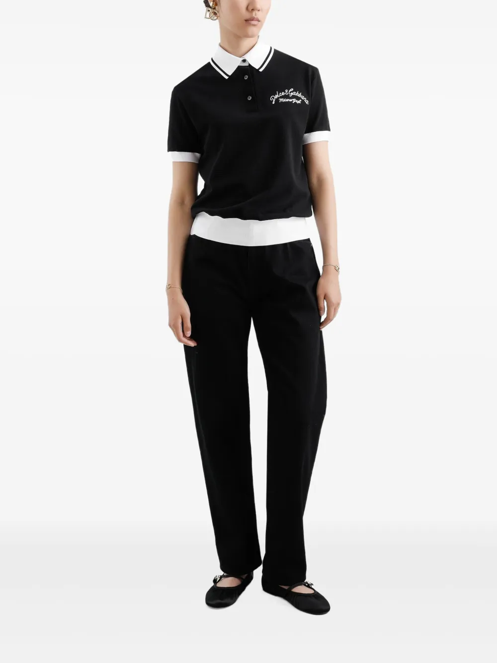 Dolce & Gabbana logo-embroidered cotton polo top - Zwart