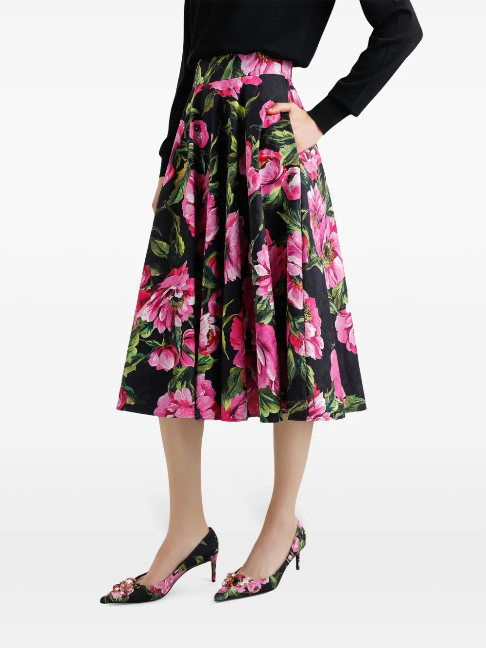 Dolce & Gabbana Midi-rok met roosprint Zwart