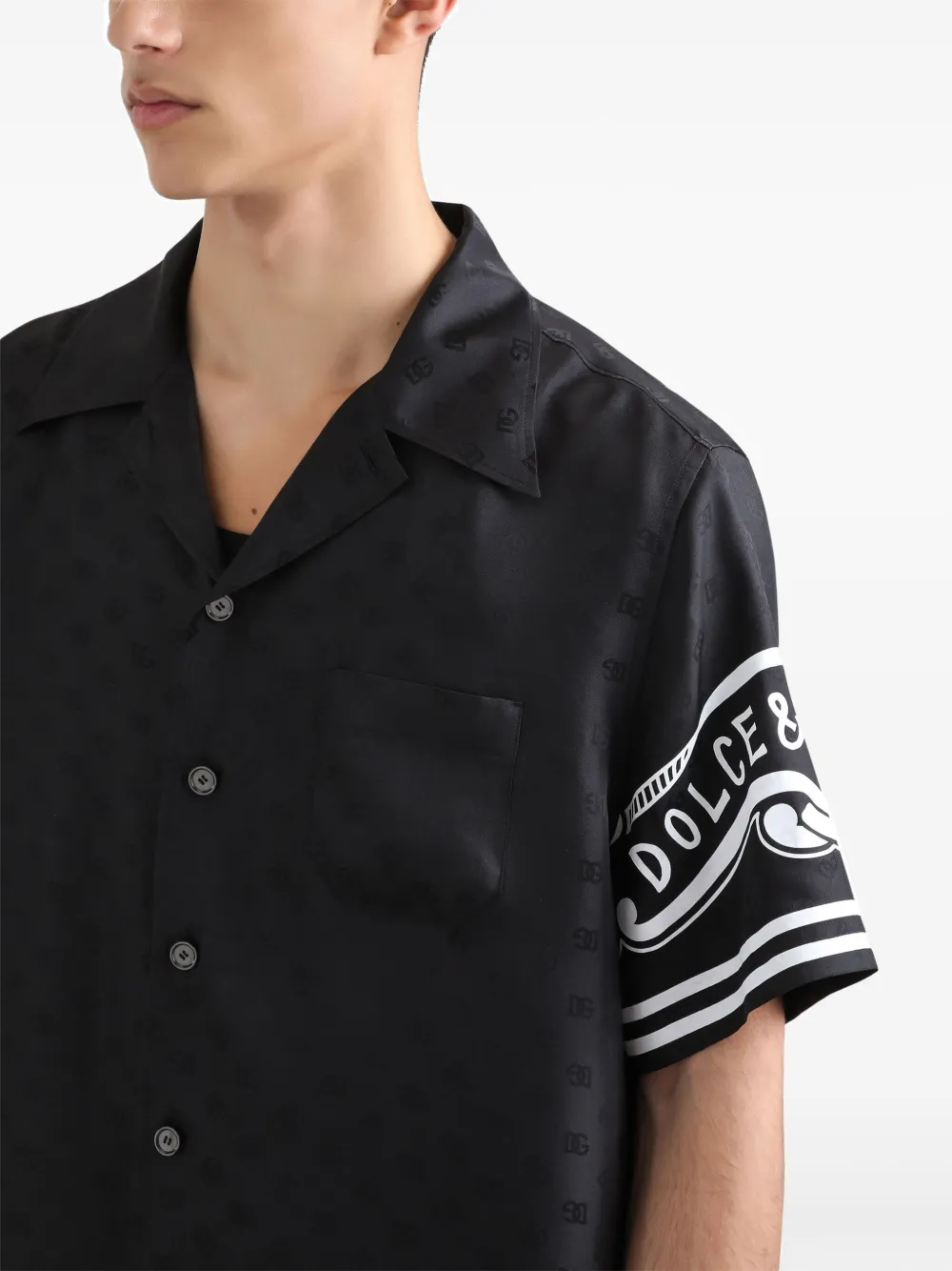 Dolce & Gabbana Black Shirt With Logo Print On The Sleeves In Silk Man In Black