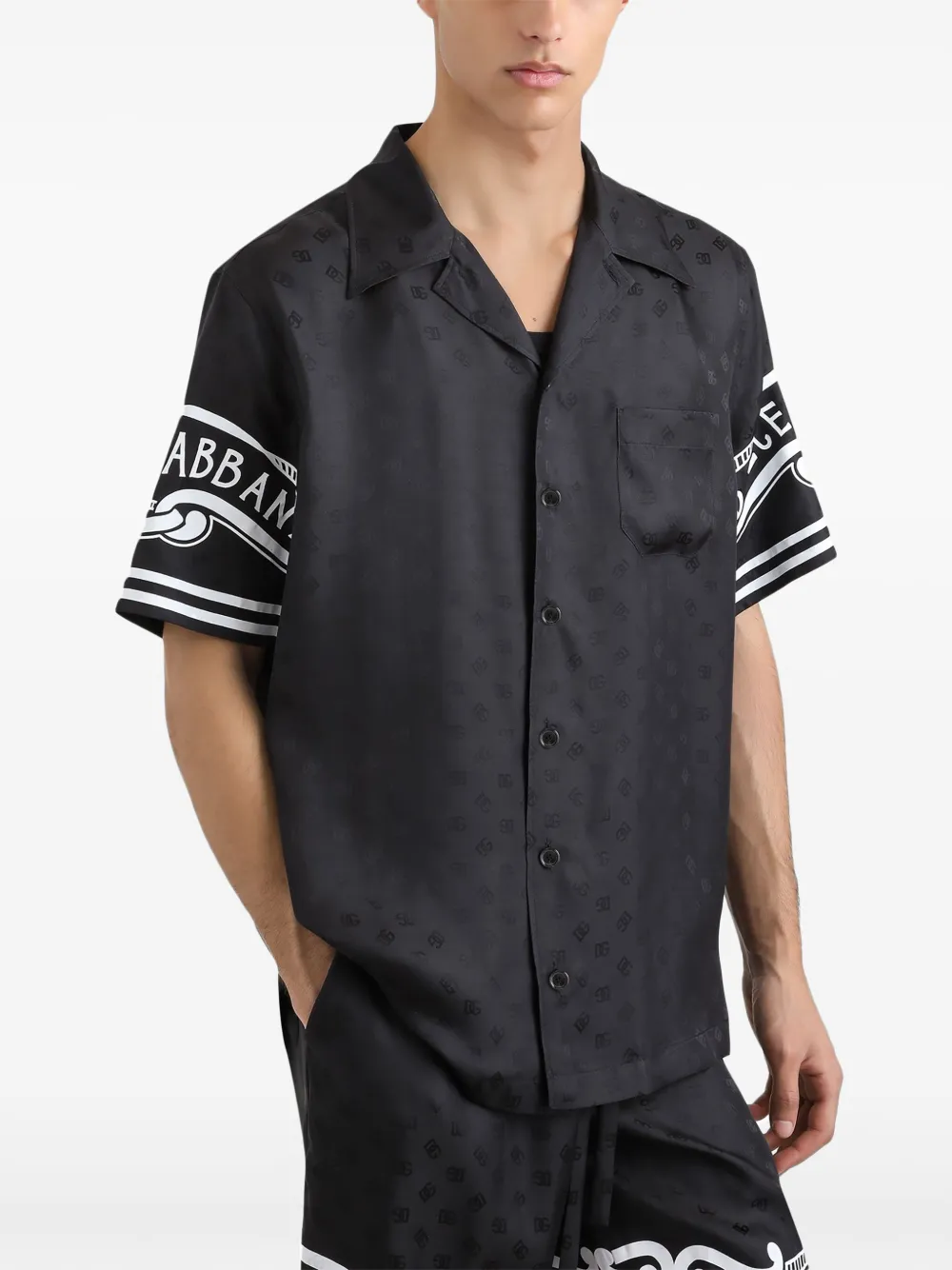 Dolce & Gabbana Black Shirt With Logo Print On The Sleeves In Silk Man In Black