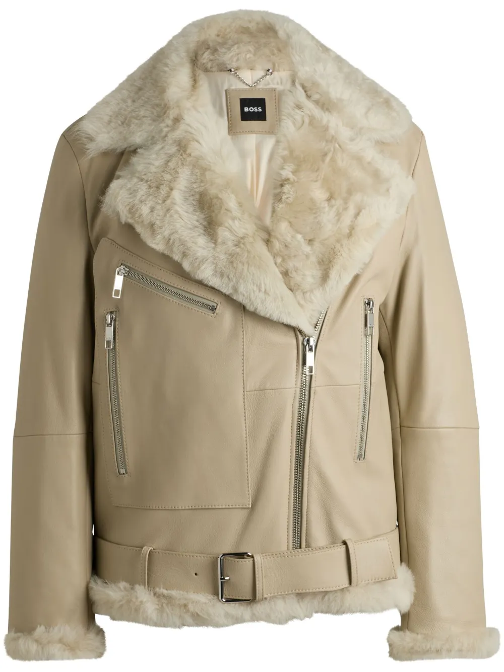 Hugo Boss Zipped Leather Jacket In Neutral