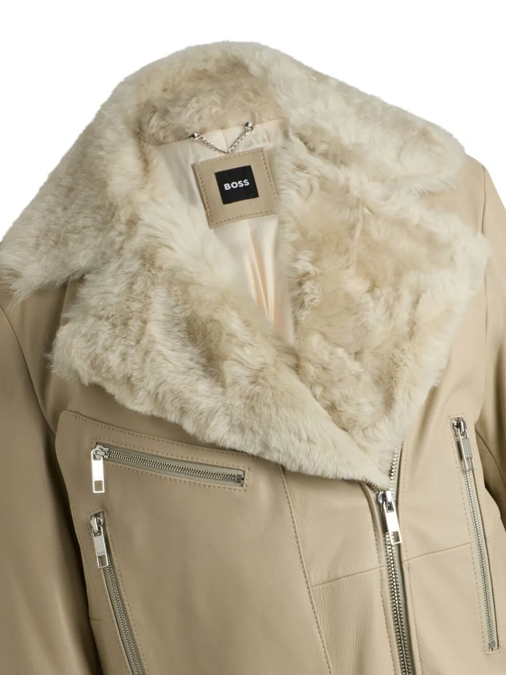 Hugo Boss Zipped Leather Jacket In Neutral