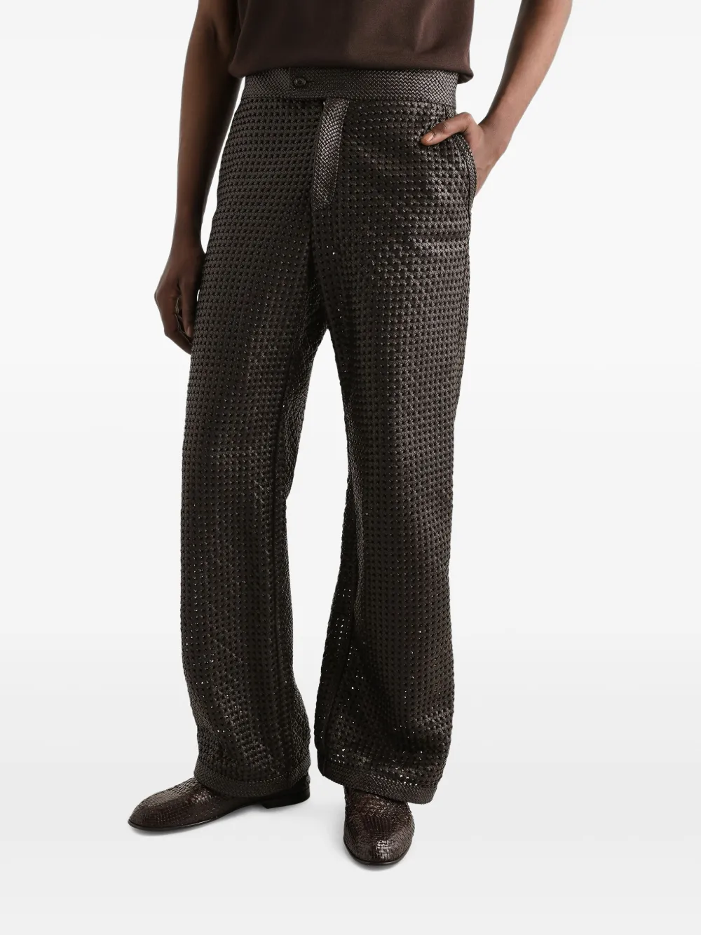 Dolce & Gabbana Flared geweven broek van nappa leer Bruin