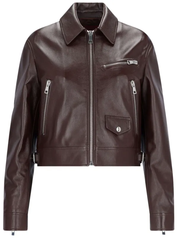 Gucci Zipped Leather Biker Jacket Brown FARFETCH AU