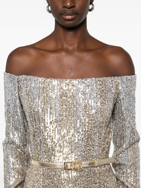 Elie Saab スパンコール オフショルダードレス | ゴールドトーン