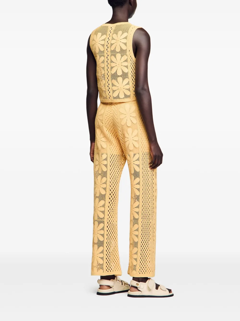 Sandro Loulou Floral Crochet Sleeveless Cardigan In Yellow