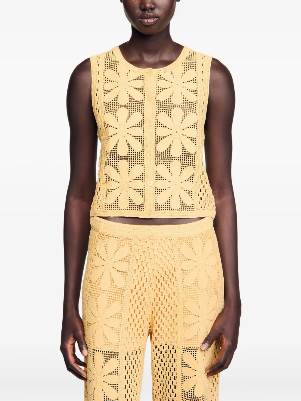 Sandro Loulou Floral Crochet Sleeveless Cardigan In Yellow