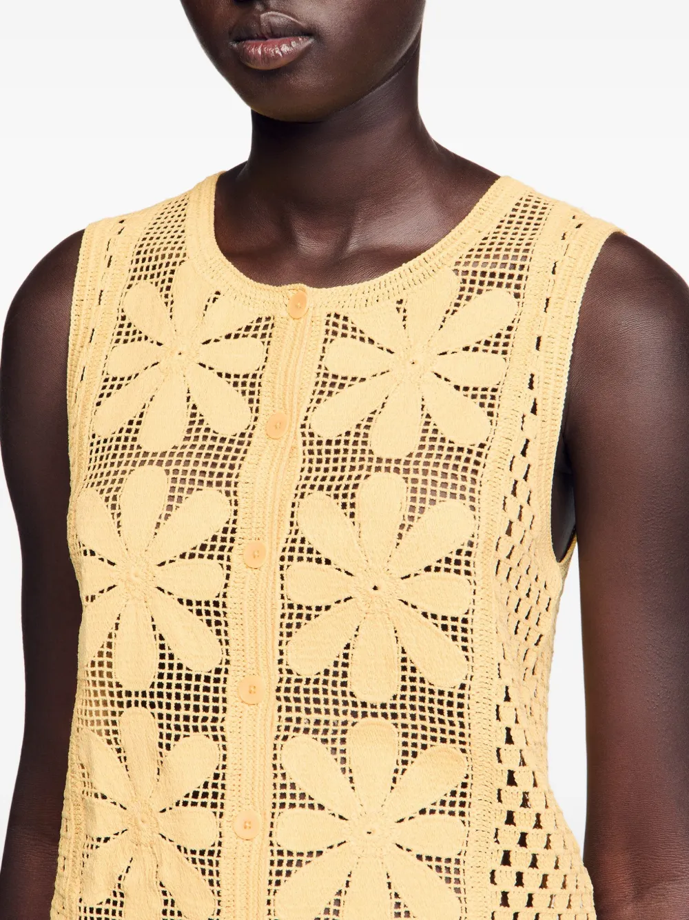 Sandro Loulou Floral Crochet Sleeveless Cardigan In Yellow