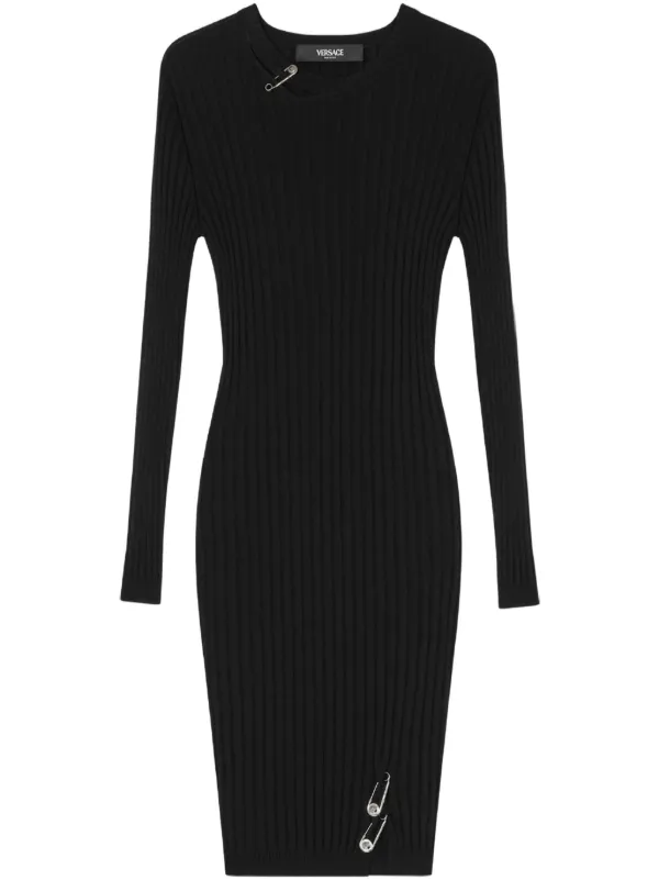 Versace Safety Pin Ribbed-Knit Mini Dress, Female, Black, 38