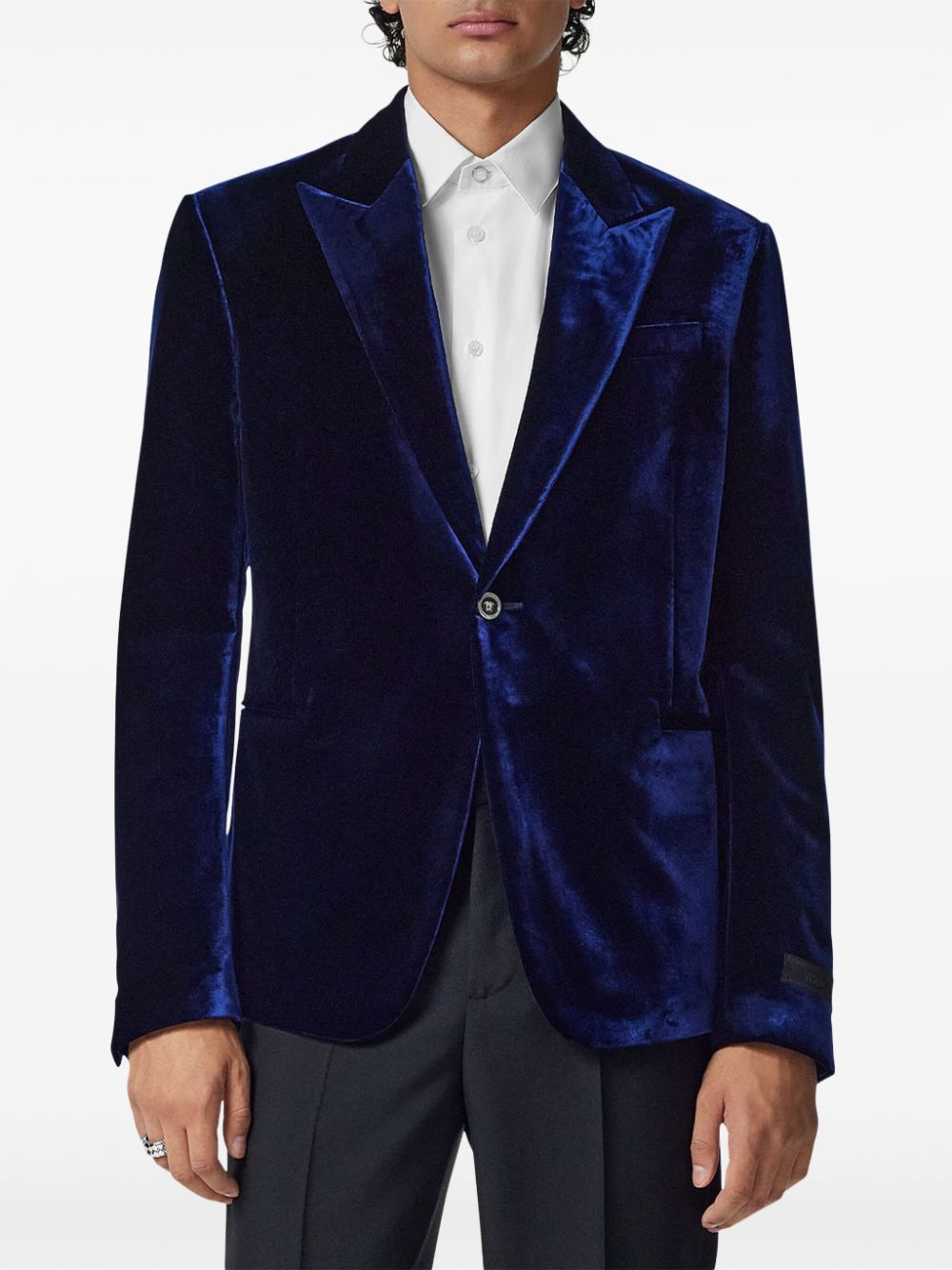 Shop Versace Velvet Blazer In Blue