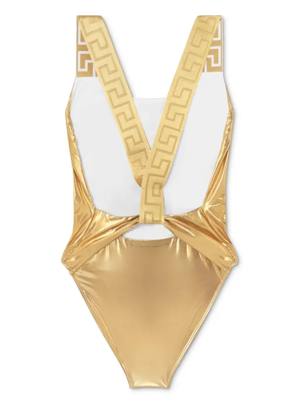 Versace Greca Border Metallic Swimsuit | Gold | FARFETCH