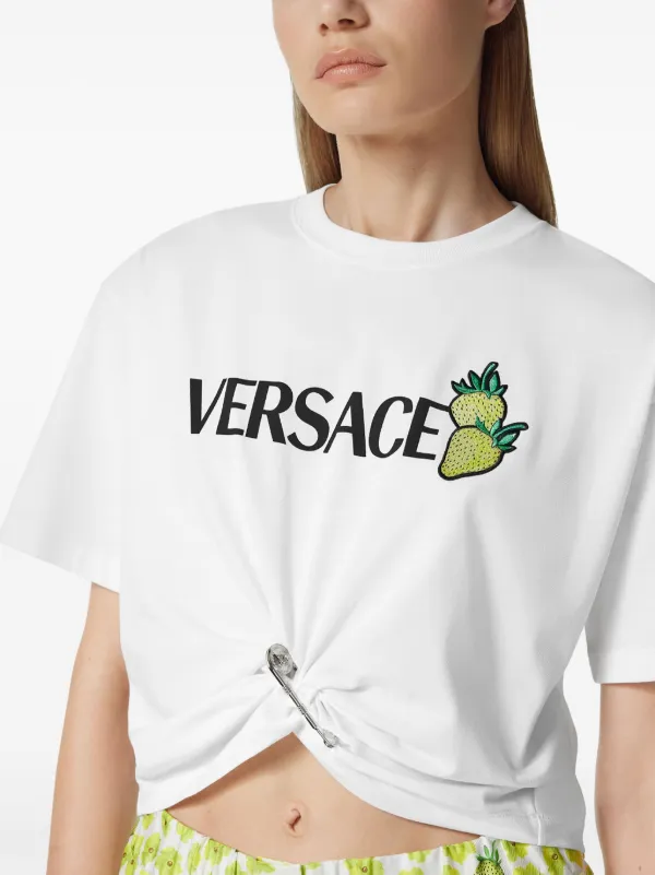 Tシャツ・カットソー VERSACE SS25 'Strawberry' T-shirt (10189711A13614 1W000) Versace Strawberry Garden Safety Pin Cropped T-shirt | White