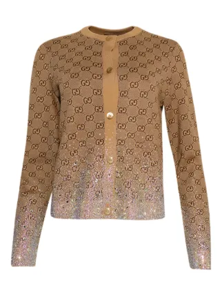 Gucci GG Monogram crystal-embellished Cardigan | Brown | FARFETCH