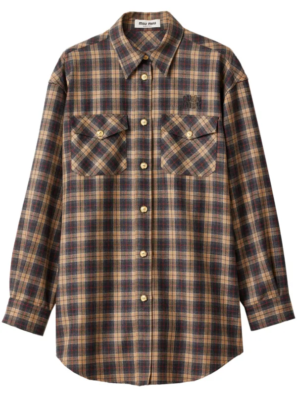 Miu Miu Tartan Wool Shirt | Brown | FARFETCH