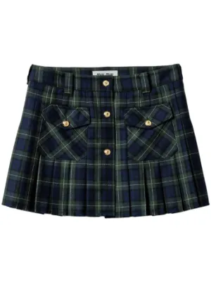 スカート MIUMIU Green Skirt Military Green Pleated Tartan Miniskirt | Miu Miu