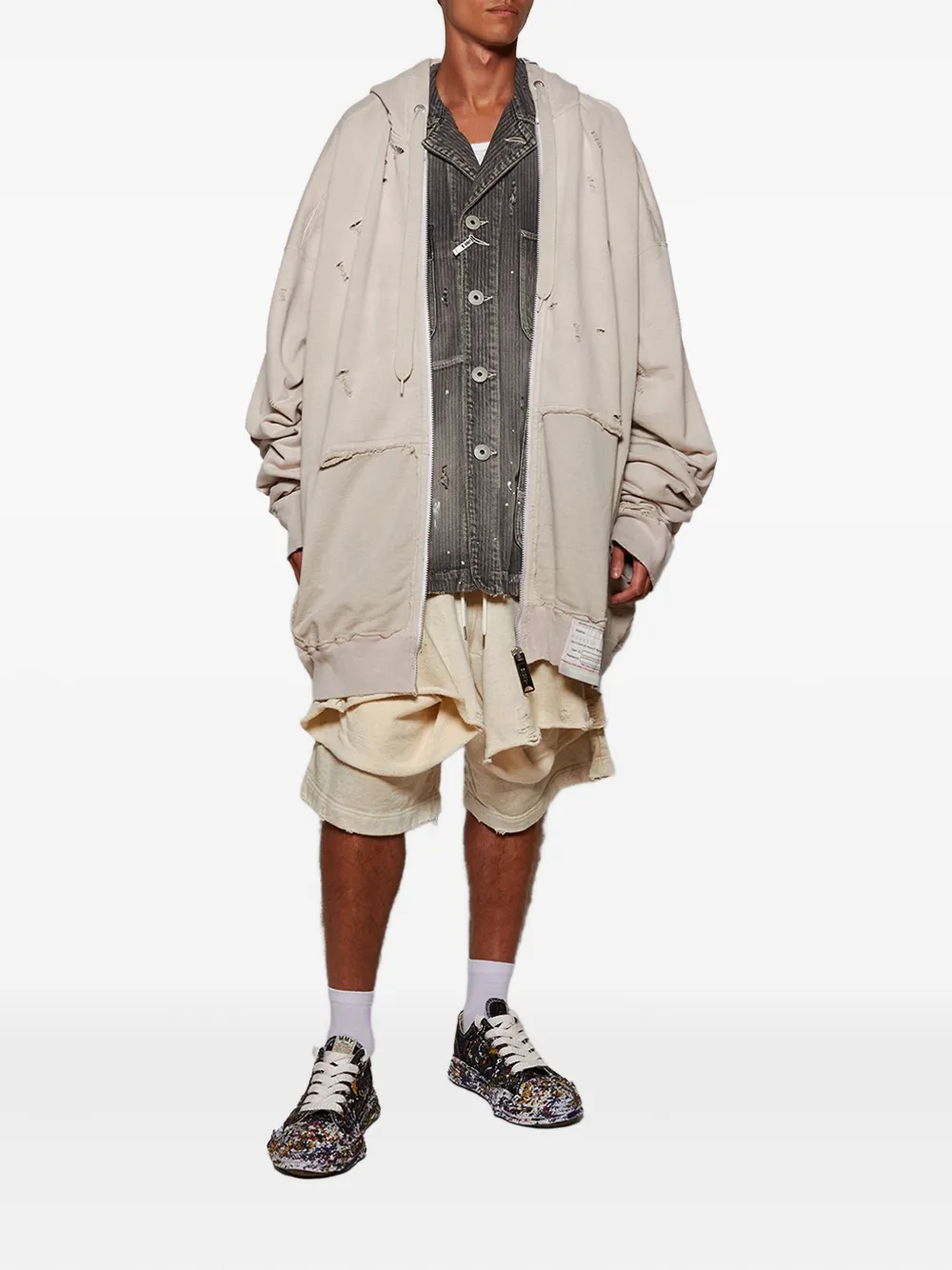 Miharayasuhiro Distressed Zip-up Hoodie In Neutral