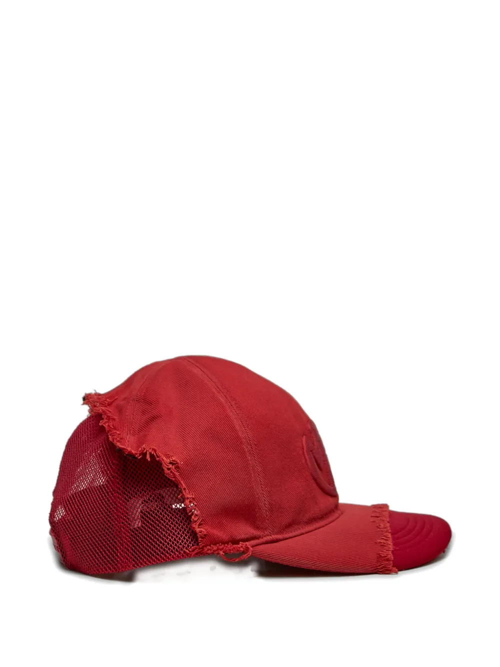 Miharayasuhiro Embroidered-logo Frayed-detail Trucker Cap In Red