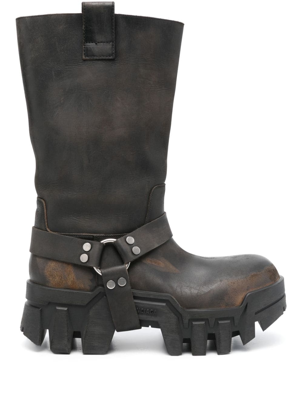 Balenciaga Bulldozer Leather Harness Boots In Washed Black