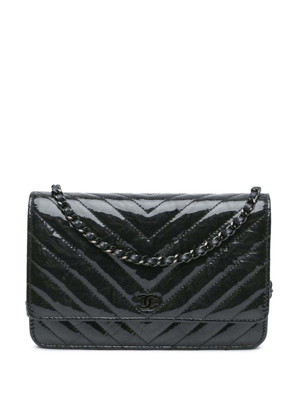 CHANEL Pre-Owned 2018 CC Chevron Quilted Crumpled Calfskin Wallet On Chain crossbody bag - Black