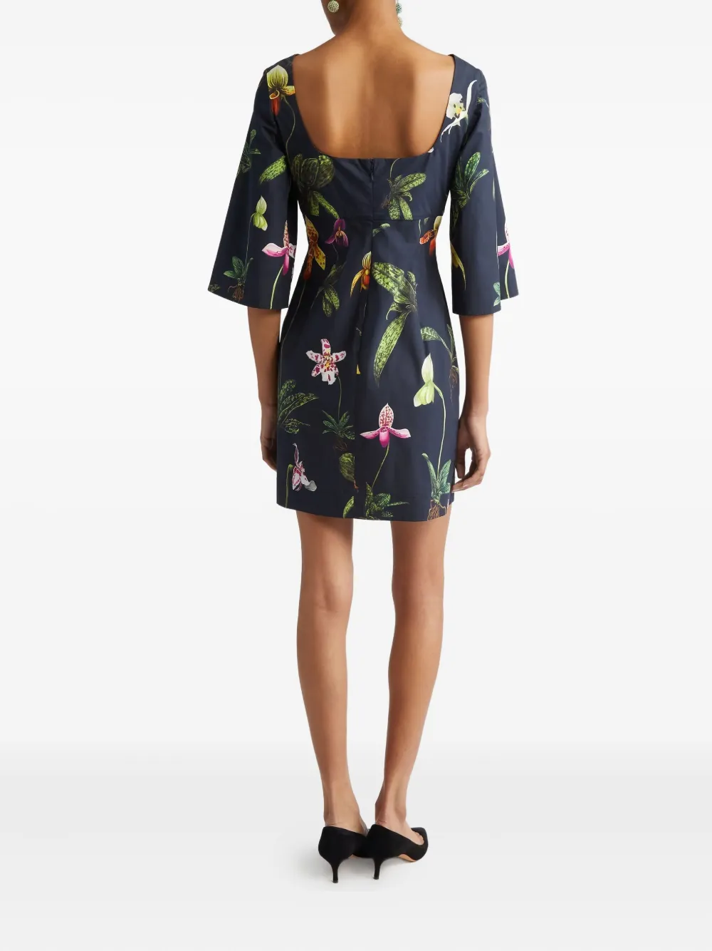 Oscar de la Renta orchid-print bell-sleeve mini dress - Blauw