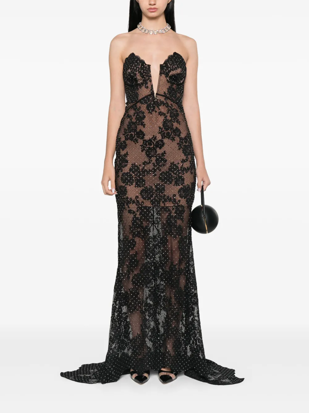 Self-Portrait rhinestoned lace maxi dress - Zwart
