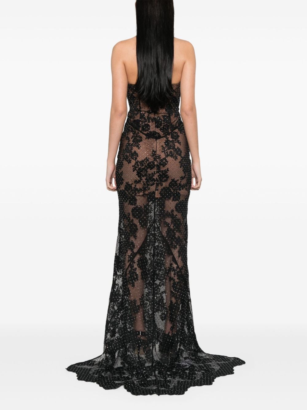 Shop Self-portrait Rhinestoned Lace Maxi Dress In Black