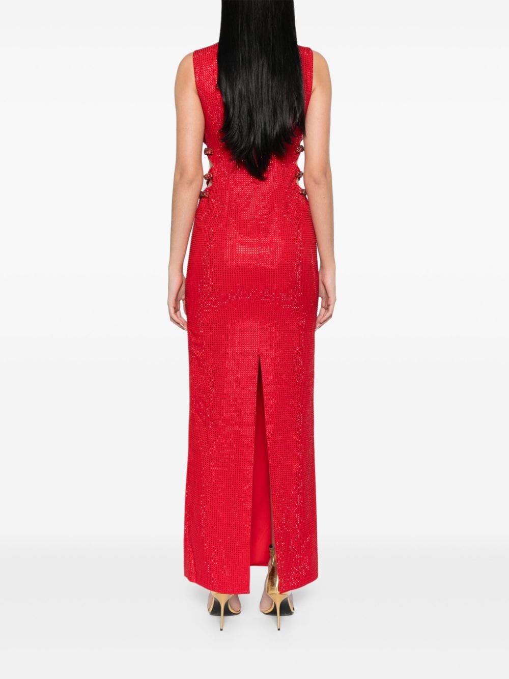 Shop Self-portrait Rhinestoned Crepe Maxi Dress In Red