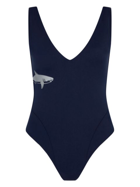 Let's Swim  plunging V-neck shark-print swimsuit