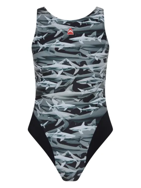 Let's Swim  Shark-print open back swimsuit