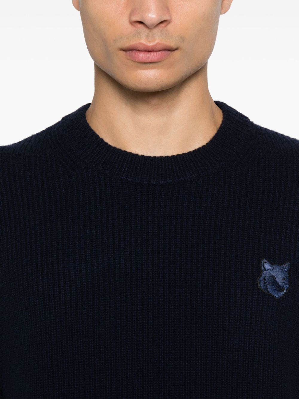 Shop Maison Kitsuné Fox Head-patch Ribbed Sweater In Blue