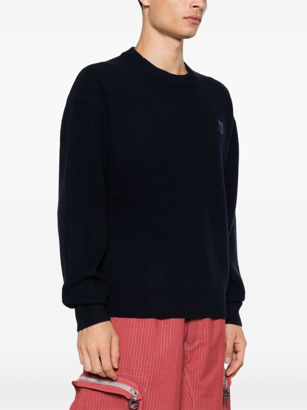 Shop Maison Kitsuné Fox Head-patch Ribbed Sweater In Blue