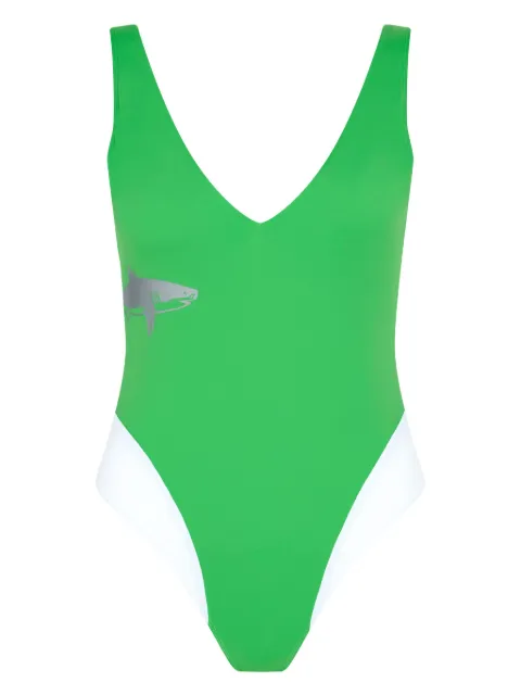 Let's Swim  plunging V-neck shark-print swimsuit