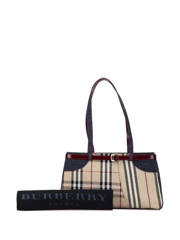 Burberry Pre Owned 2000 2017 Denim Trimmed House Check Canvas Shoulder Bag Brown FARFETCH