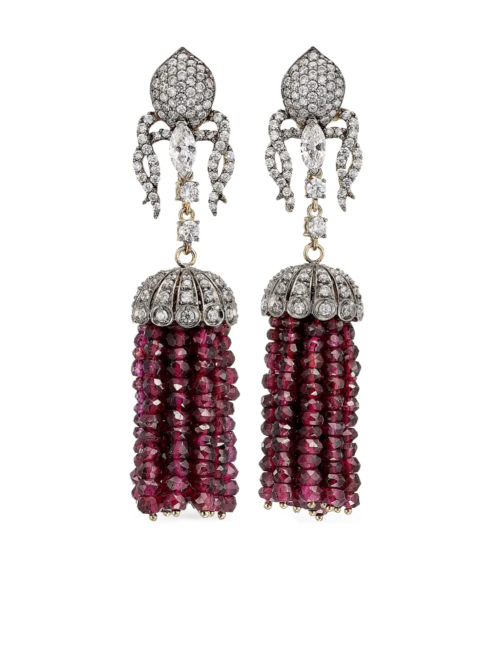 18kt yellow gold Tassel diamond and ruby garnet earrings