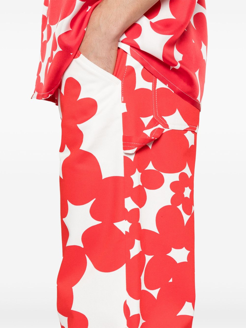 Shop Marni Floral-print Gabardine Trousers In Red