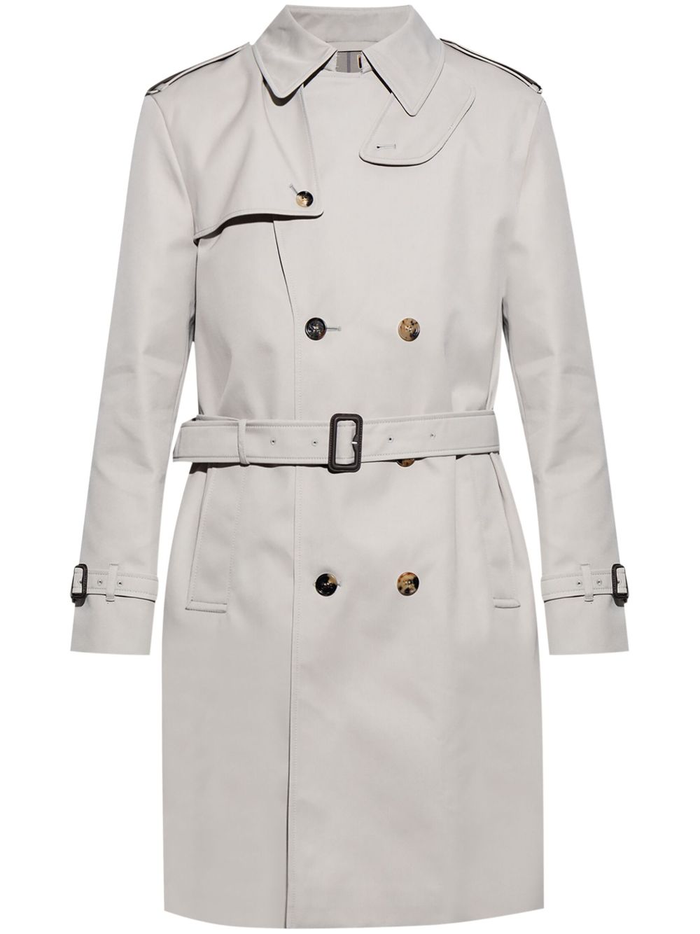 Shop Burberry Double-breasted Belted Trench Coat In Grey