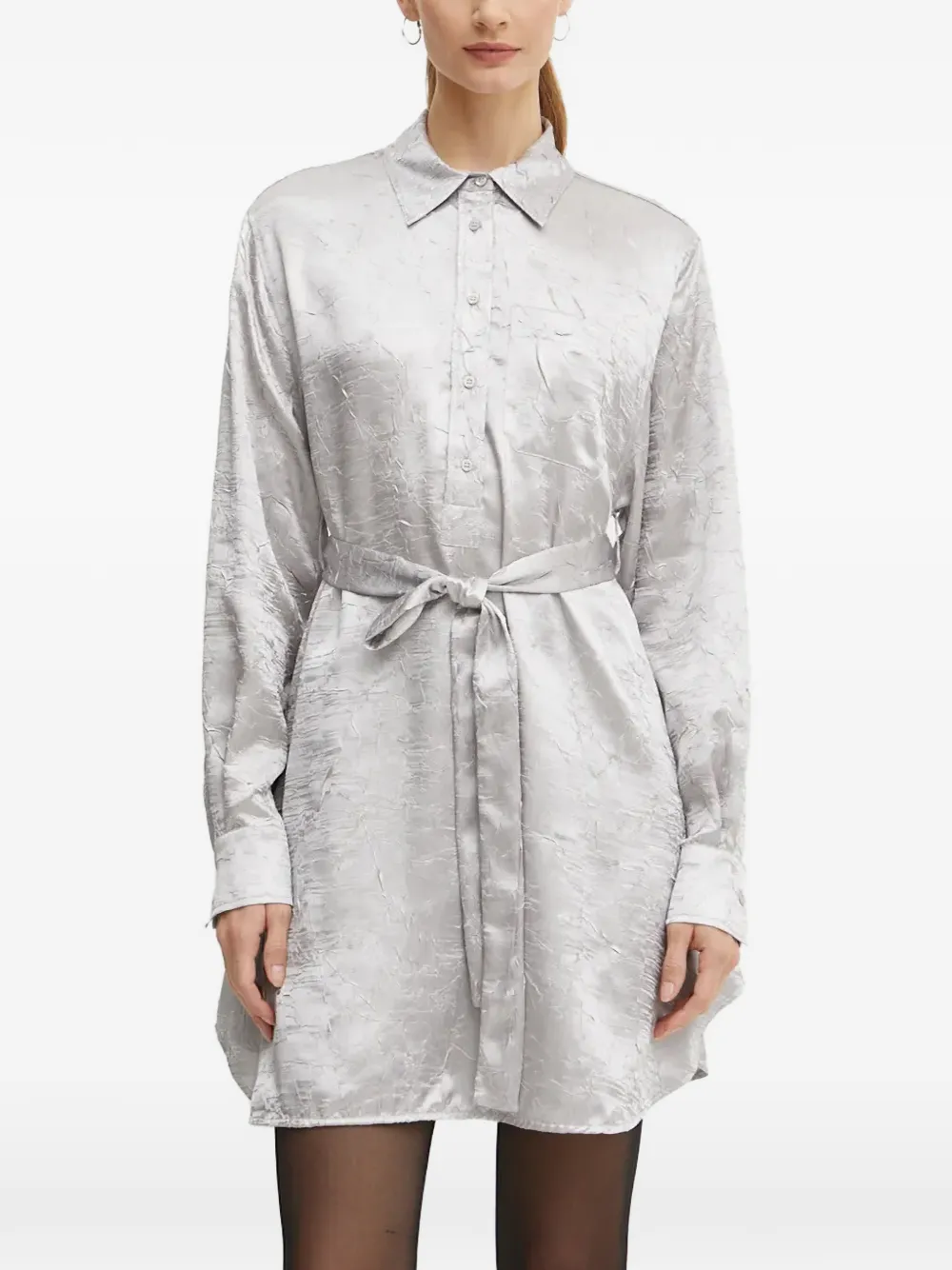 PINKO belted-waist long-sleeve mini shirt dress - Grey