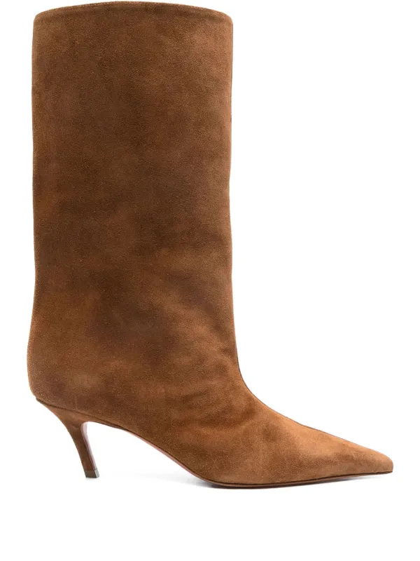 Amina Muaddi 60mm Fiona Suede Pointed-toe Knee-high Boots in Brown