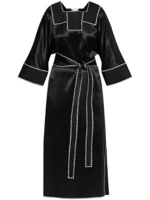 【送料関税込】Tory Burch Belted silk-trimmed wool midi dress Belted silk-trimmed wool midi dress in black - Tory Burch