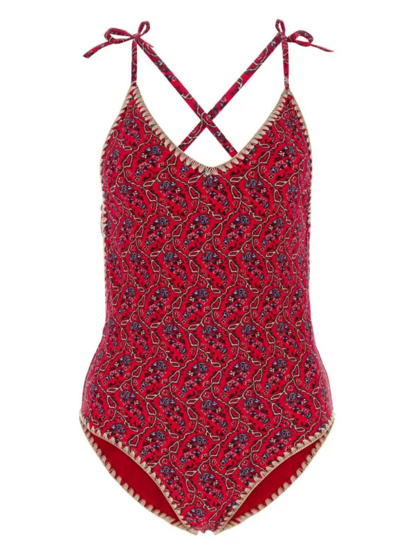 ISABEL MARANT Swan floral print Swimsuit Red FARFETCH TR