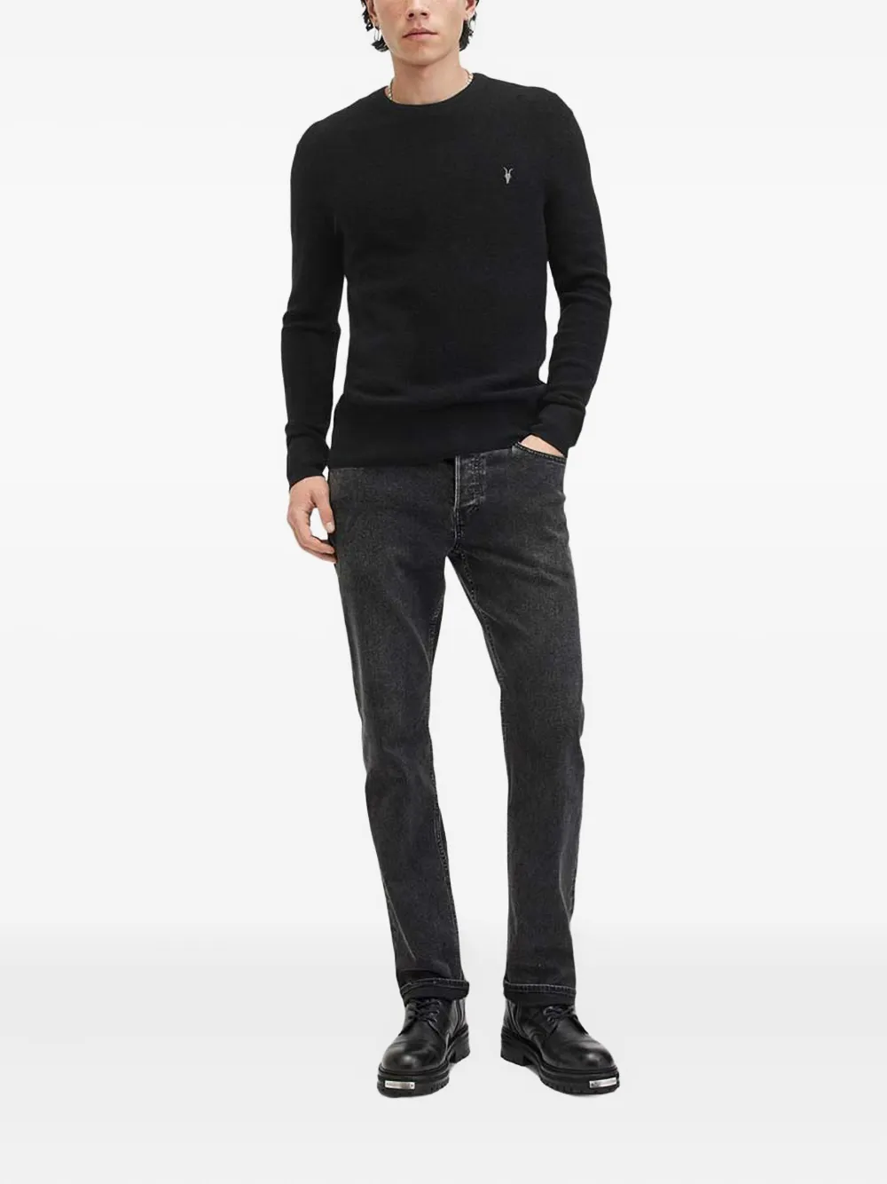Allsaints Mens Cinder Black Aspen Logo-embroidered Organic-cotton And Wool-blend Jumper In Black