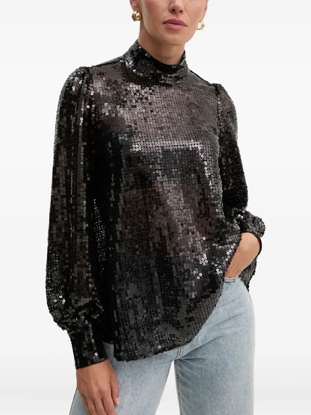 Allsaints Whitney Sequin High-neck Blouse In Black