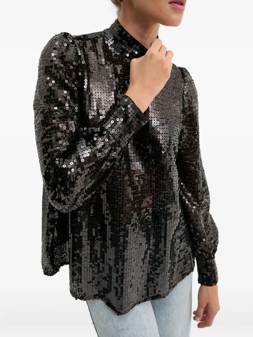 Allsaints Whitney Sequin High-neck Blouse In Black