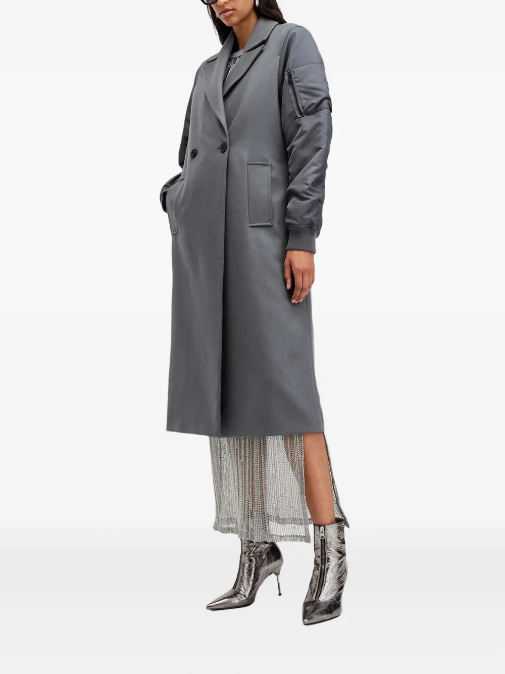 AllSaints Paulah jas met dubbele rij knopen en bombermouwen Grijs