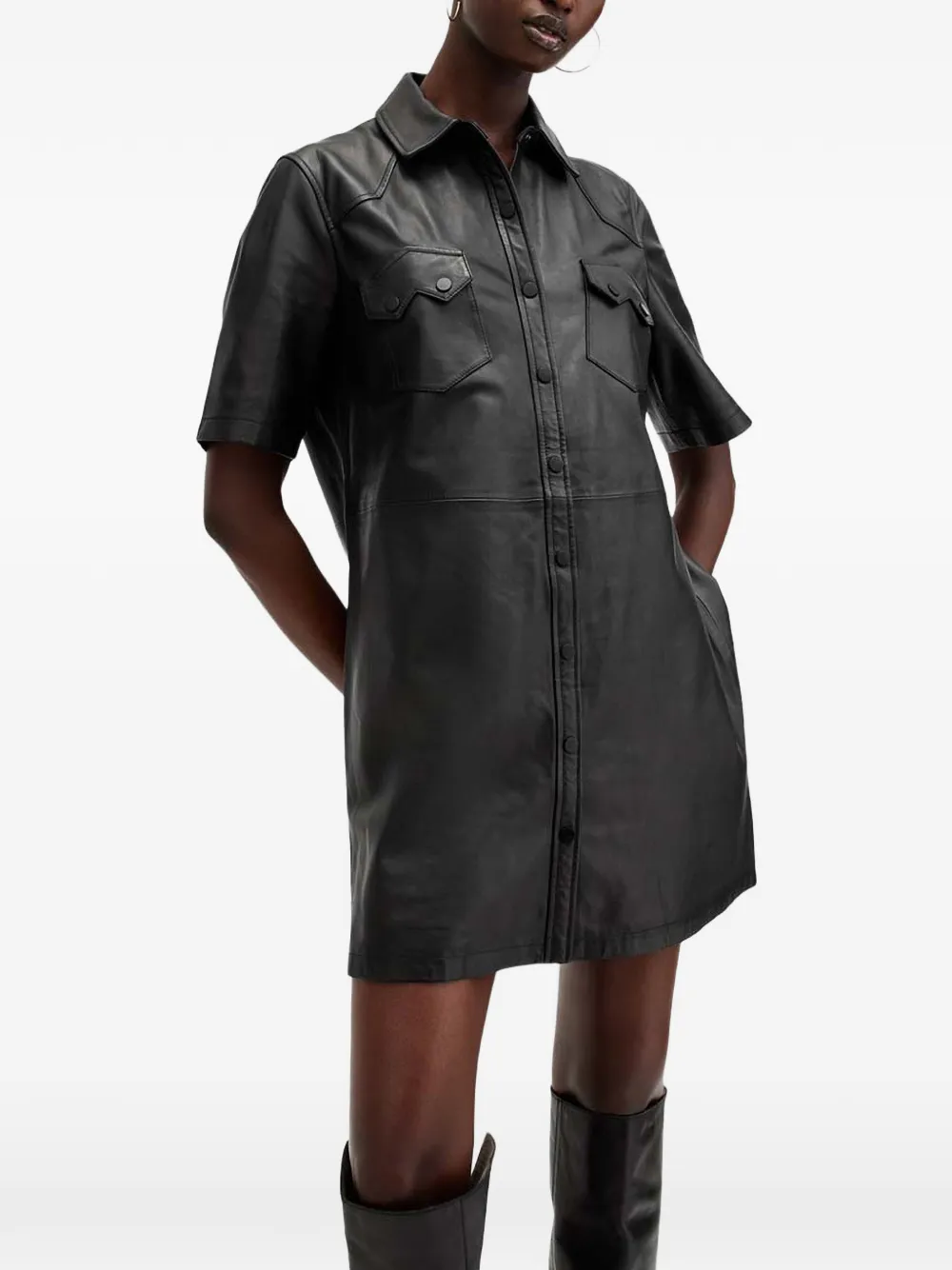 AllSaints Rock leren mini-jurk met korte mouwen Zwart