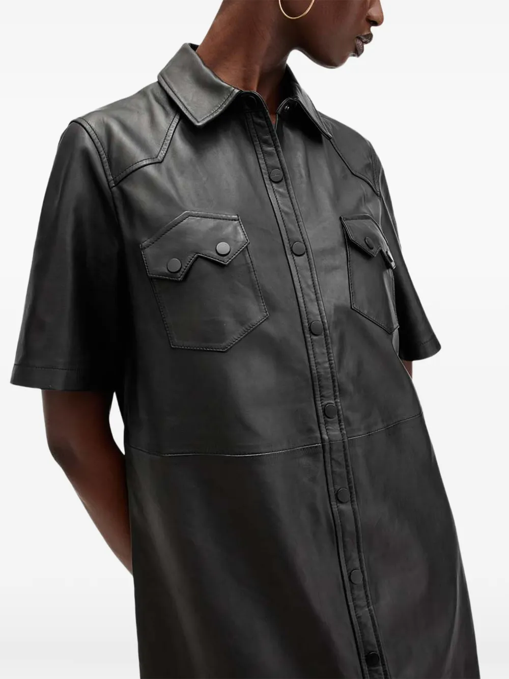 AllSaints Rock leren mini-jurk met korte mouwen Zwart